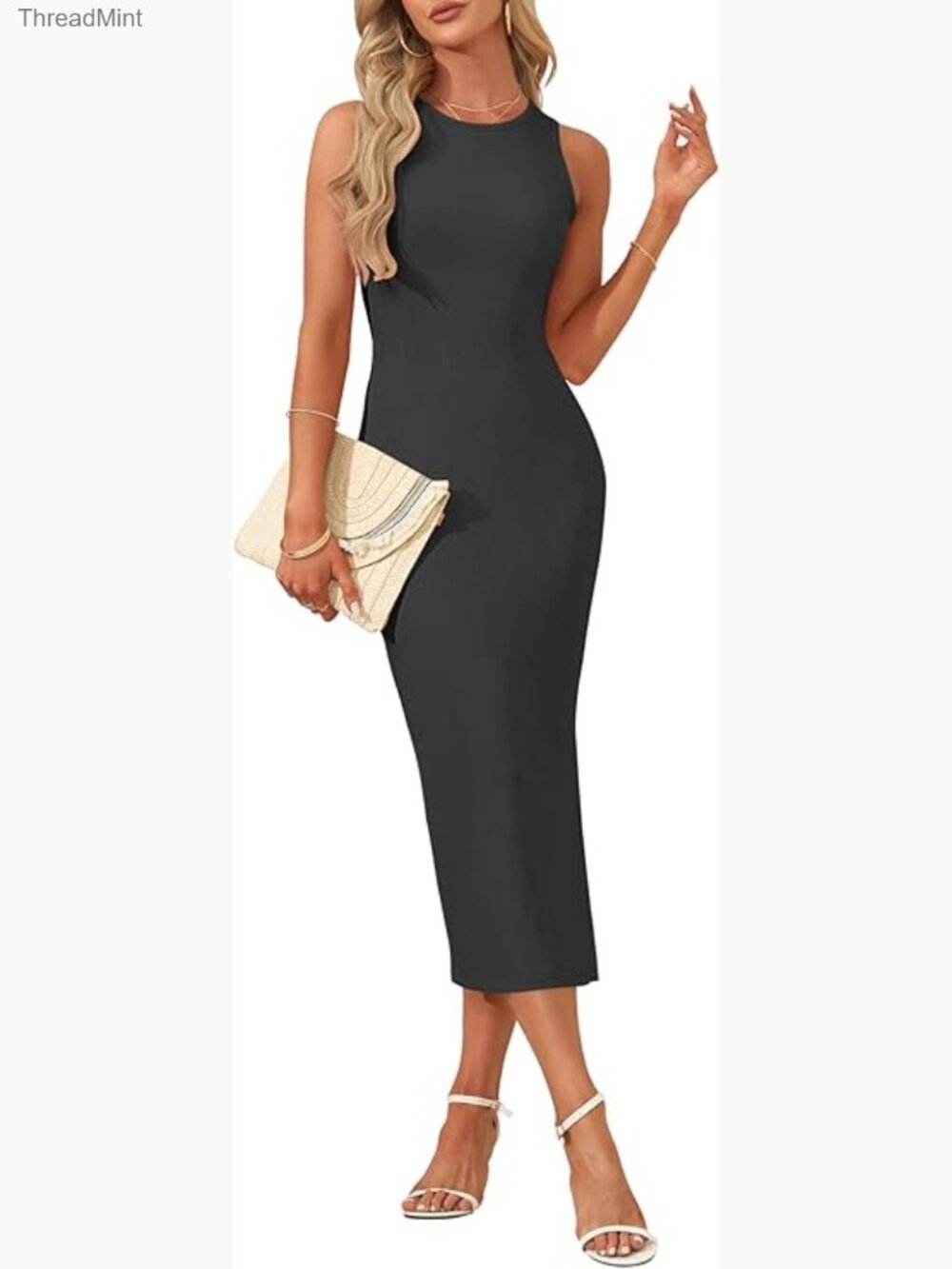 Sleeveless Midi Bodycon Dress, Stretch Knit, Casual Summer Style